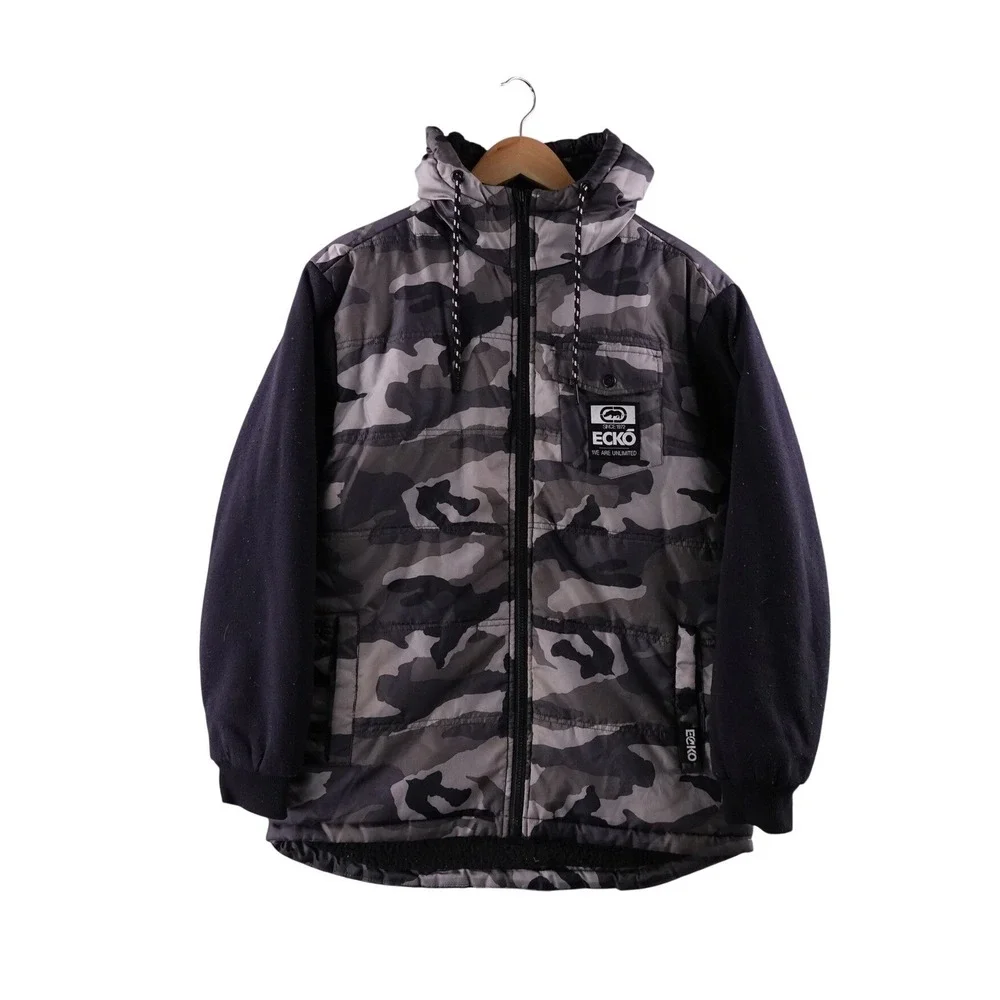 ECKO UNLTD Camo Puffer Jacket‎ Men's Size S Black Gray Zip Up Hooded